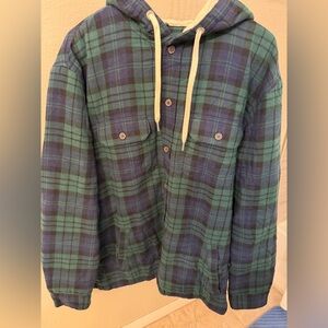Men’s Lands' End Green and Blue Plaid Hooded Shirt Jacket